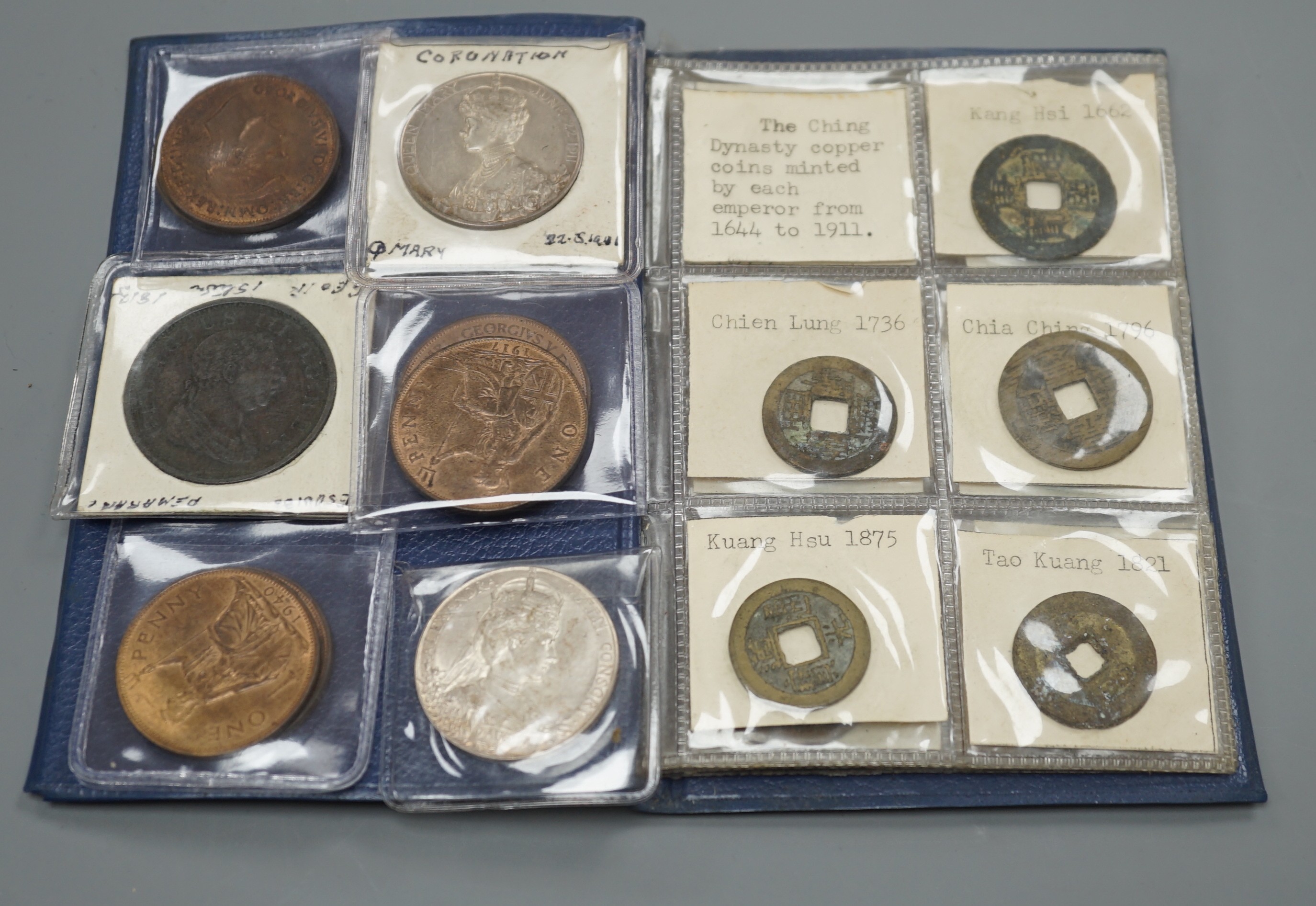 Two silver coronation medals: Edward VII and Queen Alexandria and George V and Queen Mary, both EF, and a George III copper One silver oken, six one pennies, a Kennedy 1964 half dollar and other Chinese coins